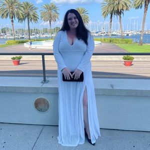 Stunning white sequined thigh high double split dress